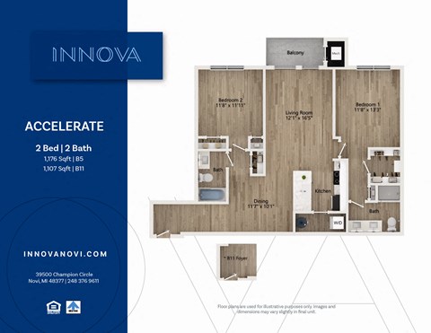 Floor plan for 2 beds, 2 baths, 1176 sqft